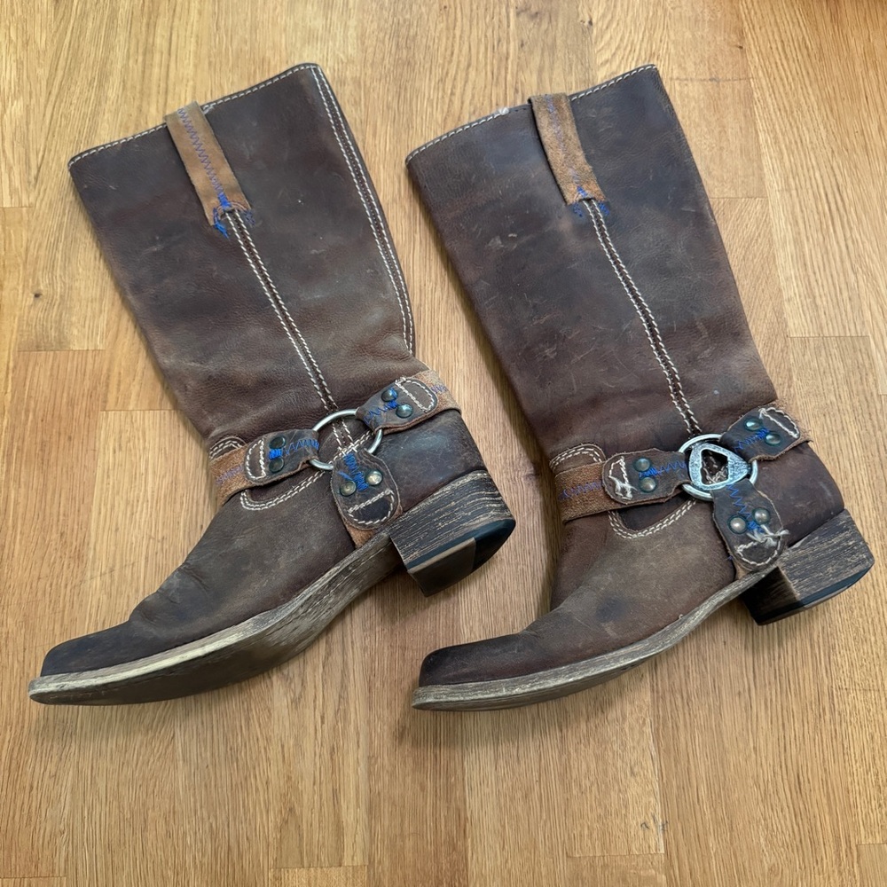 Bed Stu 6.5 Opal Brown Harness Tall Leather Boots Bottle Cap Opener - Picture 2 of 11
